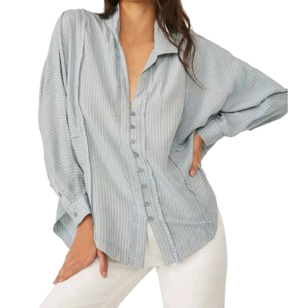 We the Free One & Only Stripe Hi Lo Button Down Shirt Blue Combo Size Small